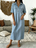 CHOUYATOU Women's Distressed Button Up Denim Polo Shirt Dress Short Sleeve Casual Loose Pleated Jean Midi Long Dress