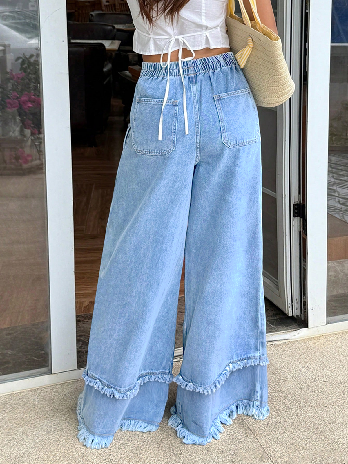 CHOUYATOU Women's Frayed Fringe Wide Leg Jeans Pleated Baggy Denim Pants | Elastic Waistband, Fringed Tassel Hem, Elegant Pleats, Baggy Loose Fit, With Pockets, Jeans For Women Fringe Bottom