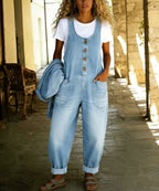 CHOUYATOU Women's Suspender Strap Loose Denim Bib Overalls Y2k Baggy Distressed Jeans Wide Leg Jumpsuit Pants