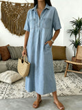 CHOUYATOU Women's Distressed Button Up Denim Polo Shirt Dress Short Sleeve Casual Loose Pleated Jean Midi Long Dress