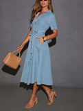 Chouyatou Women Summer Belted Button Down Denim Shirt Dress Business Casual Short Sleeve Jean Shirt Dress