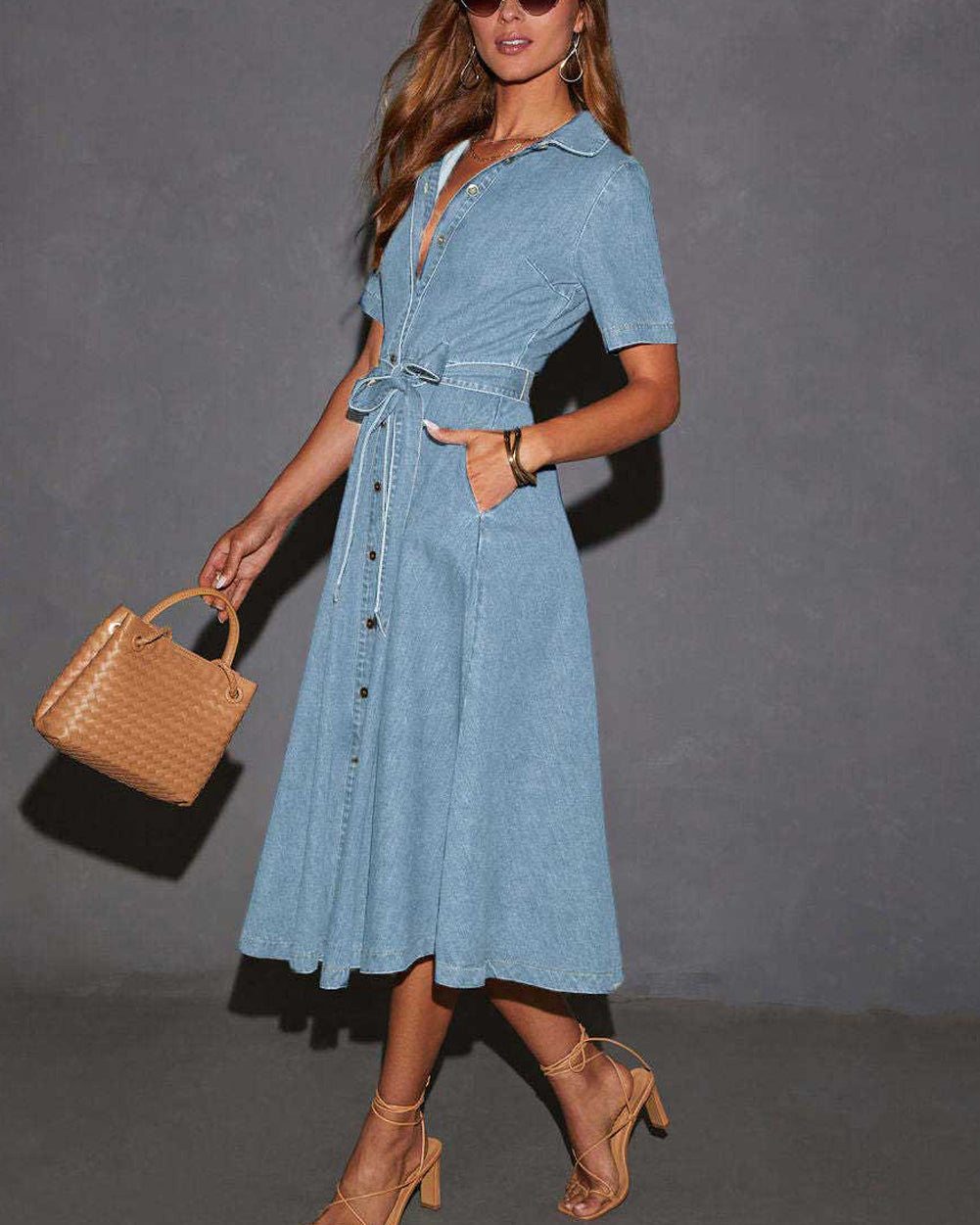 Chouyatou Women Summer Belted Button Down Denim Shirt Dress Business Casual Short Sleeve Jean Shirt Dress