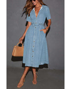 Chouyatou Women Summer Belted Button Down Denim Shirt Dress Business Casual Short Sleeve Jean Shirt Dress