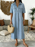 CHOUYATOU Women's Distressed Button Up Denim Polo Shirt Dress Short Sleeve Casual Loose Pleated Jean Midi Long Dress