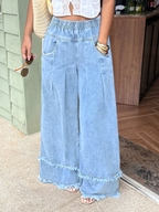 CHOUYATOU Women's Frayed Fringe Wide Leg Jeans Pleated Baggy Denim Pants | Elastic Waistband, Fringed Tassel Hem, Elegant Pleats, Baggy Loose Fit, With Pockets, Jeans For Women Fringe Bottom