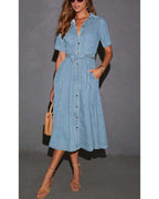 Chouyatou Women Summer Belted Button Down Denim Shirt Dress Business Casual Short Sleeve Jean Shirt Dress