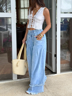 CHOUYATOU Women's Frayed Fringe Wide Leg Jeans Pleated Baggy Denim Pants | Elastic Waistband, Fringed Tassel Hem, Elegant Pleats, Baggy Loose Fit, With Pockets, Jeans For Women Fringe Bottom
