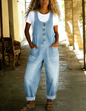 CHOUYATOU Women's Suspender Strap Loose Denim Bib Overalls Y2k Baggy Distressed Jeans Wide Leg Jumpsuit Pants