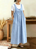 CHOUYATOU Women's Pullover Denim Overall Dress Mid Long Button Front Pinafore Bib Jean Dress With Pockets