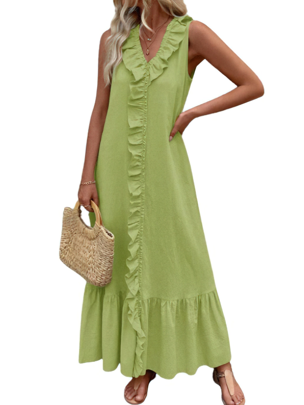 Chouyatou Women's Summer Beach Cotton Tank Dress Linen Boho Sleeveless Tiered Ruffle Maxi Long Sundress