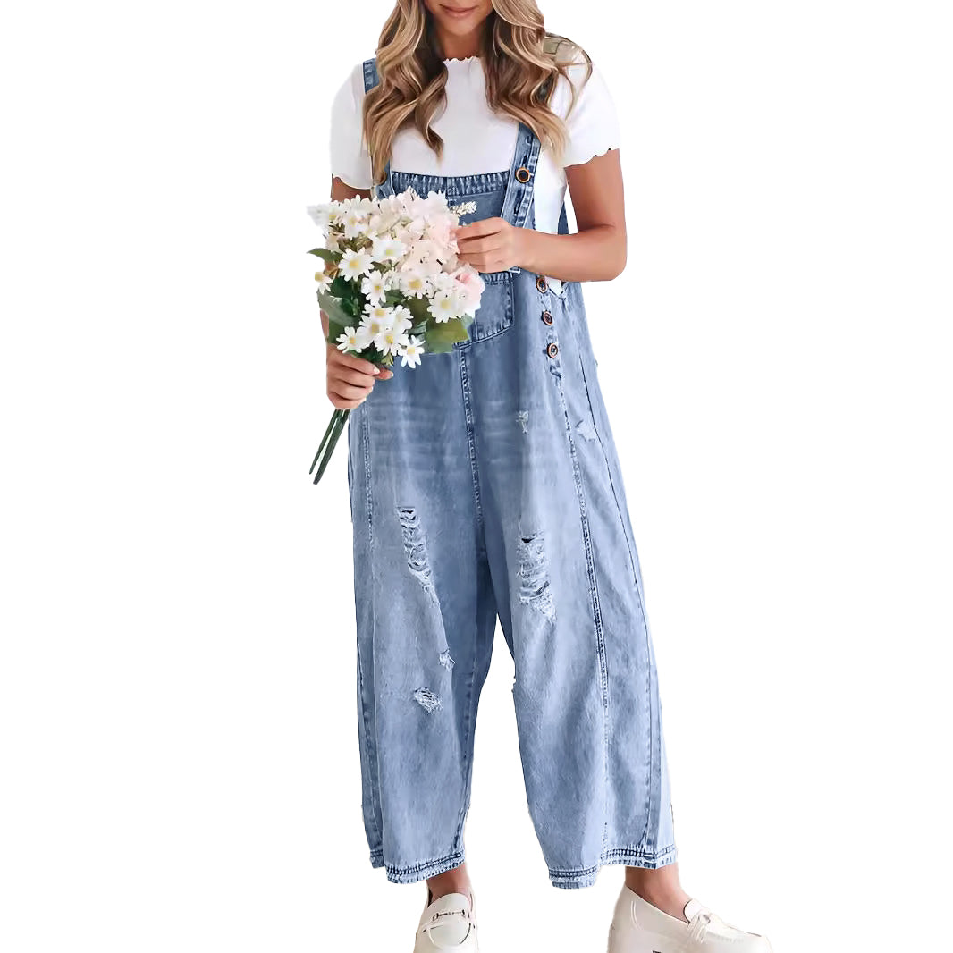 Chouyatou Women Loose Adjustable Strap Denim Bib Overall Jeans Distressed Wide Leg Baggy Overalls Jumpsuit