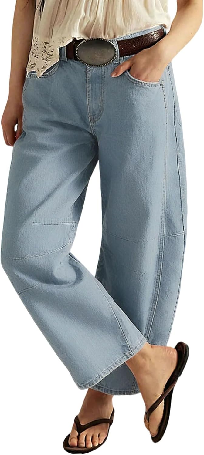 Chouyatou Women Casual Wide Leg Mid Rise Jeans Baggy Barrel Jeans Denim Pull On Pants Sweatpants Y2k Boyfriend Boho Ankle Pant