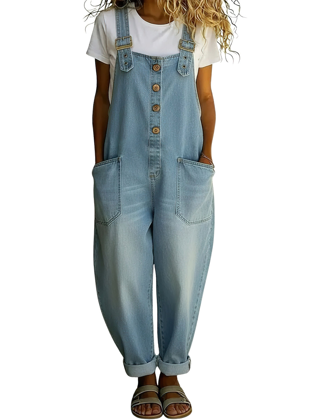 Chouyatou Women's Y2K Denim Bib Overall Pants Button Front Wide Leg Jean Jumpsuits Vintage Loose Romper