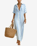 CHOUYATOU Women's Summer Boho Striped Cotton Linen Dress Short Sleeve Lapel Collar Beach Maxi Shirt Dress