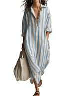 Chouyatou Womens Summer Boho Striped Cotton Dress Long Sleeve Lapel Collar Beach Shirt Dress with pockets