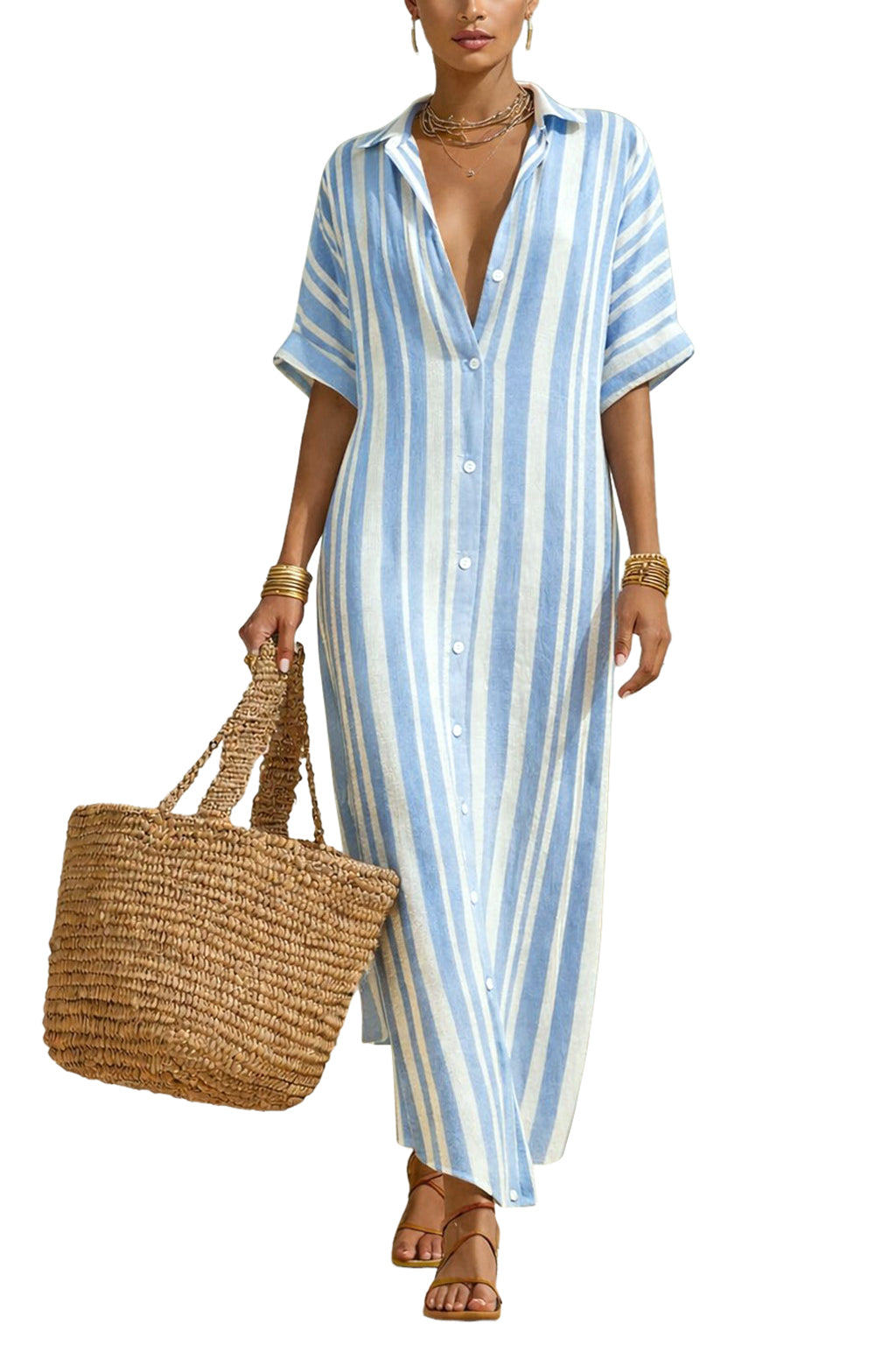 CHOUYATOU Women's Summer Boho Striped Cotton Linen Dress Short Sleeve Lapel Collar Beach Maxi Shirt Dress