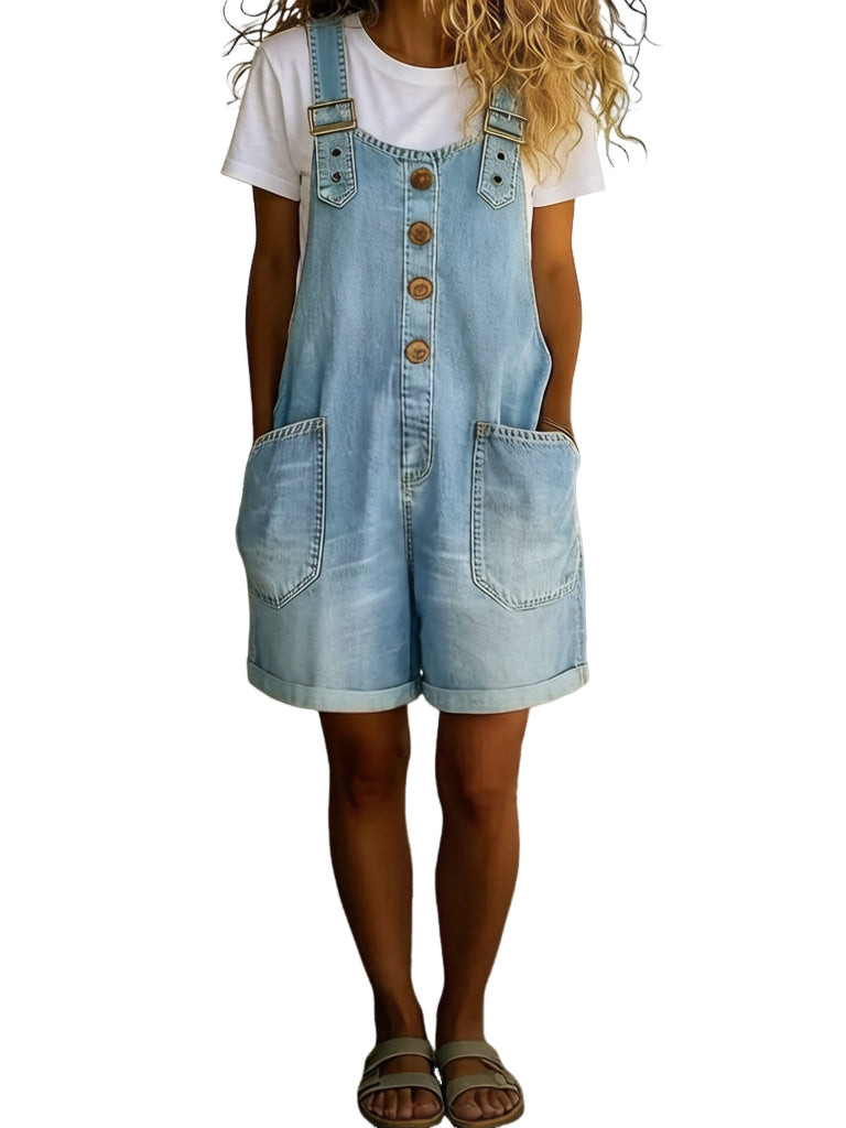 Chouyatou Women's Y2K Denim Shortalls Button Front Wide Leg Loose Bib Jean Overalls Shorts Romper Jumpsuits Vintage