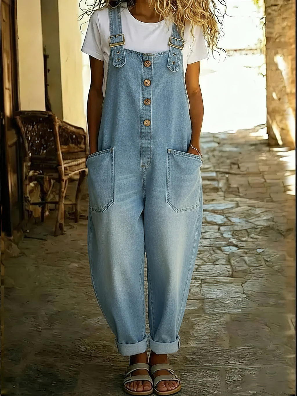 Chouyatou Women's Y2K Denim Bib Overall Pants Button Front Wide Leg Jean Jumpsuits Vintage Loose Romper