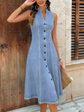 CHOUYATOU Women's Sleeveless Denim Tank Dress V Neck Button Front A Line Midi Jean Sundress with Pockets