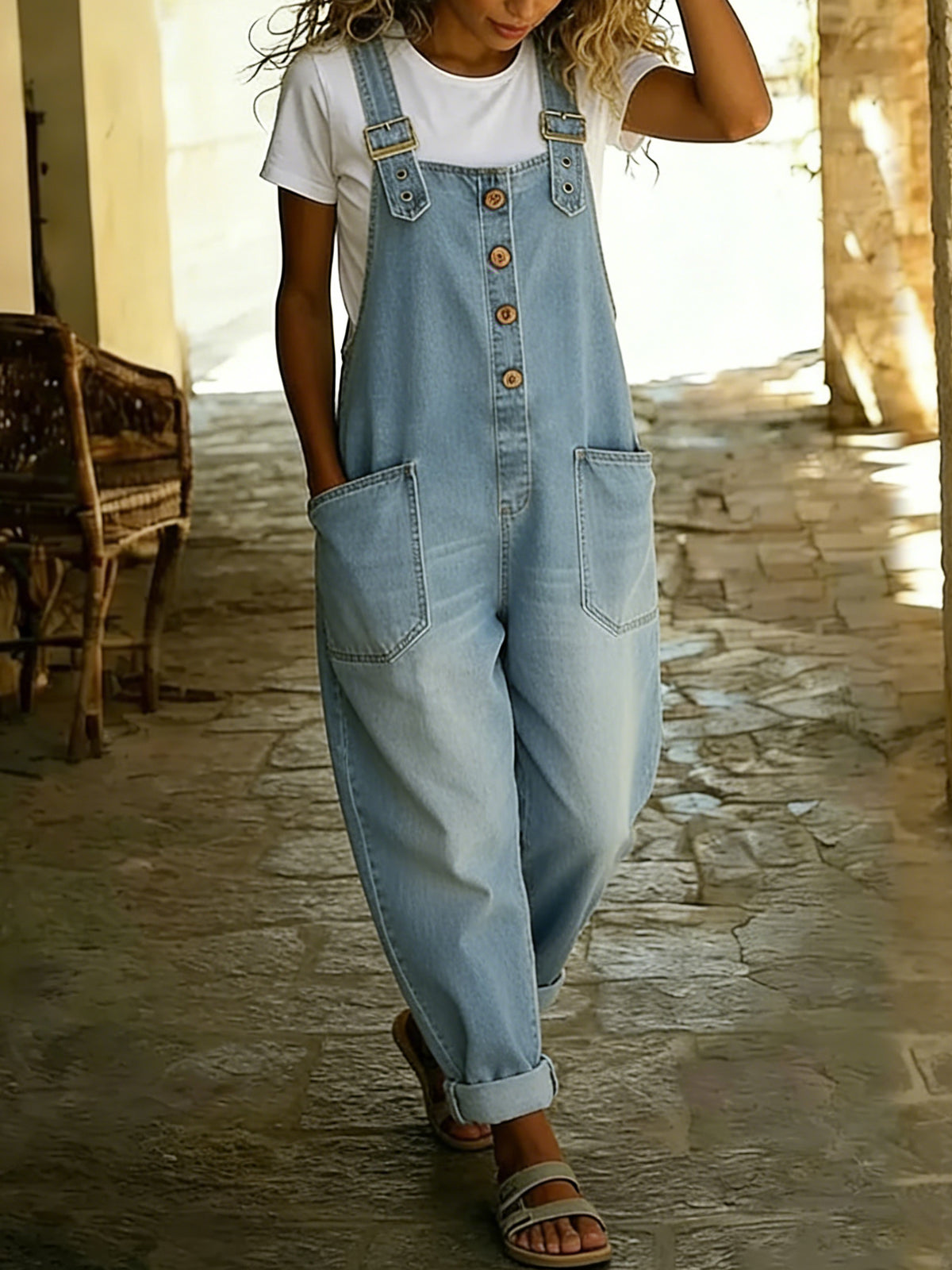Chouyatou Women's Y2K Denim Bib Overall Pants Button Front Wide Leg Jean Jumpsuits Vintage Loose Romper