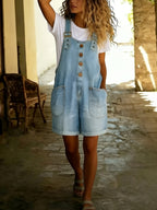 Chouyatou Women's Y2K Denim Shortalls Button Front Wide Leg Loose Bib Jean Overalls Shorts Romper Jumpsuits Vintage