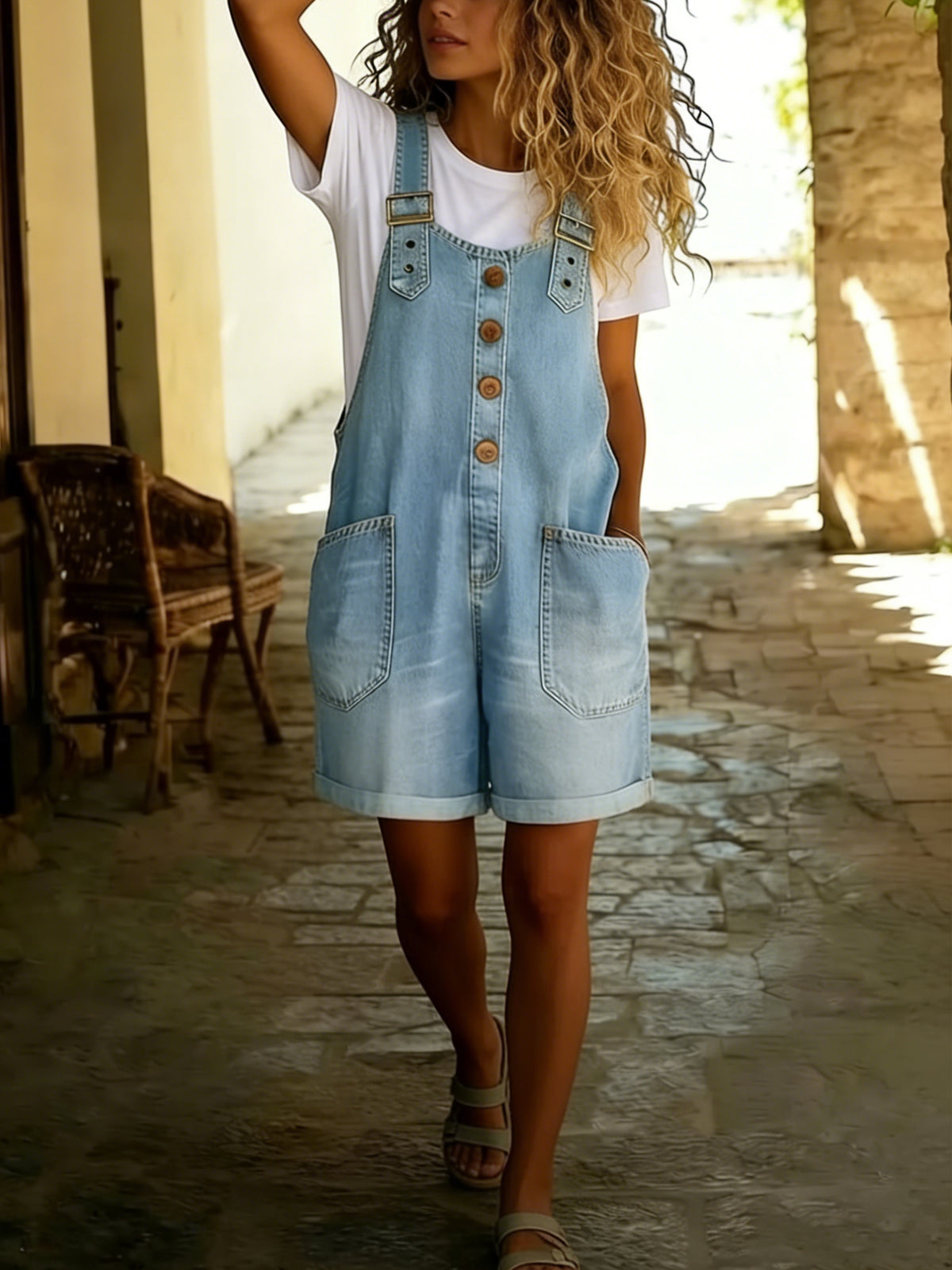 Chouyatou Women's Y2K Denim Shortalls Button Front Wide Leg Loose Bib Jean Overalls Shorts Romper Jumpsuits Vintage