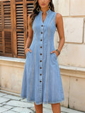 CHOUYATOU Women's Sleeveless Denim Tank Dress V Neck Button Front A Line Midi Jean Sundress with Pockets