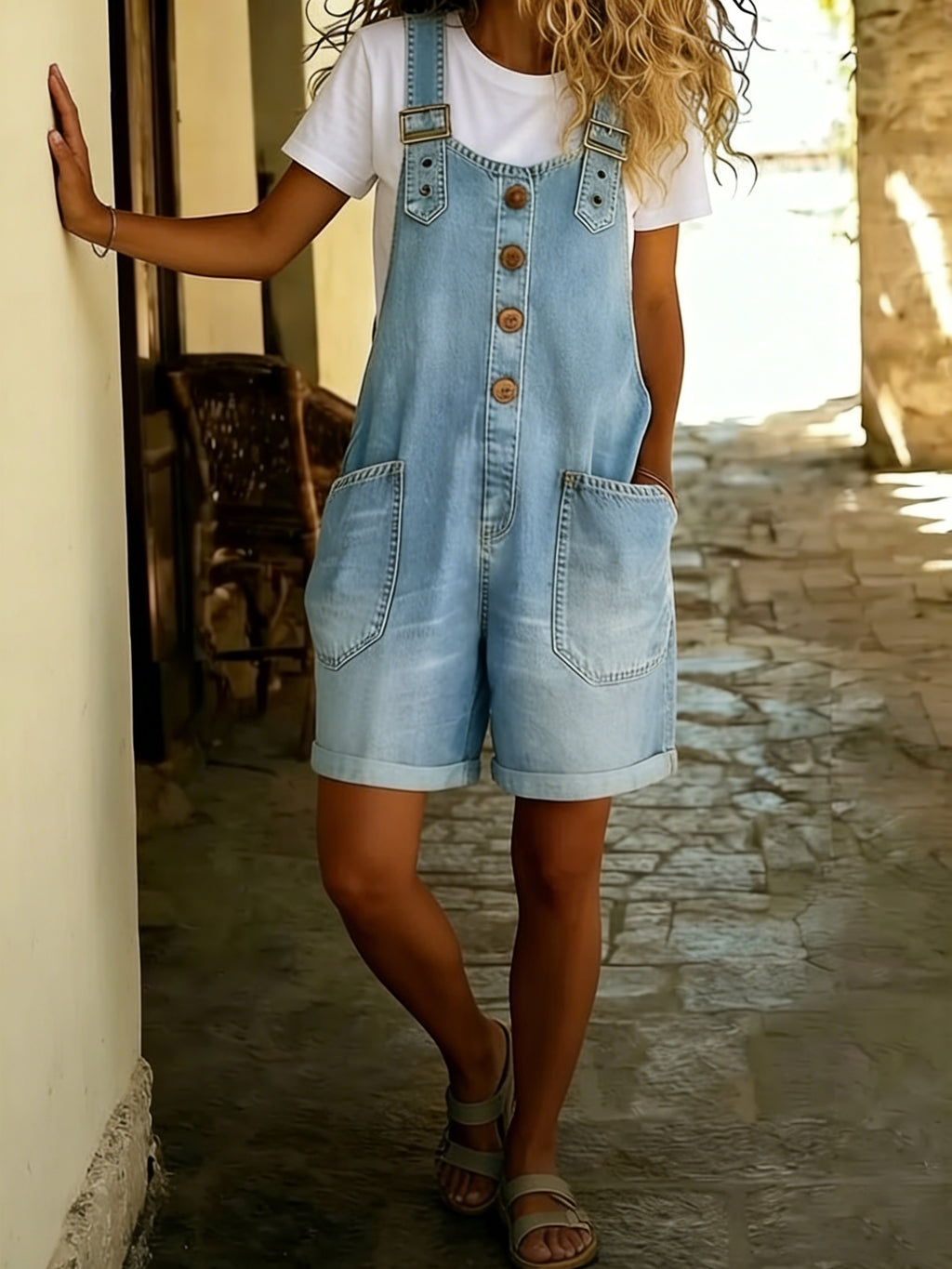 Chouyatou Women's Y2K Denim Shortalls Button Front Wide Leg Loose Bib Jean Overalls Shorts Romper Jumpsuits Vintage
