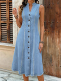 CHOUYATOU Women's Sleeveless Denim Tank Dress V Neck Button Front A Line Midi Jean Sundress with Pockets