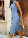 CHOUYATOU Women's Sleeveless Denim Tank Dress V Neck Button Front A Line Midi Jean Sundress with Pockets