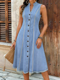 CHOUYATOU Women's Sleeveless Denim Tank Dress V Neck Button Front A Line Midi Jean Sundress with Pockets
