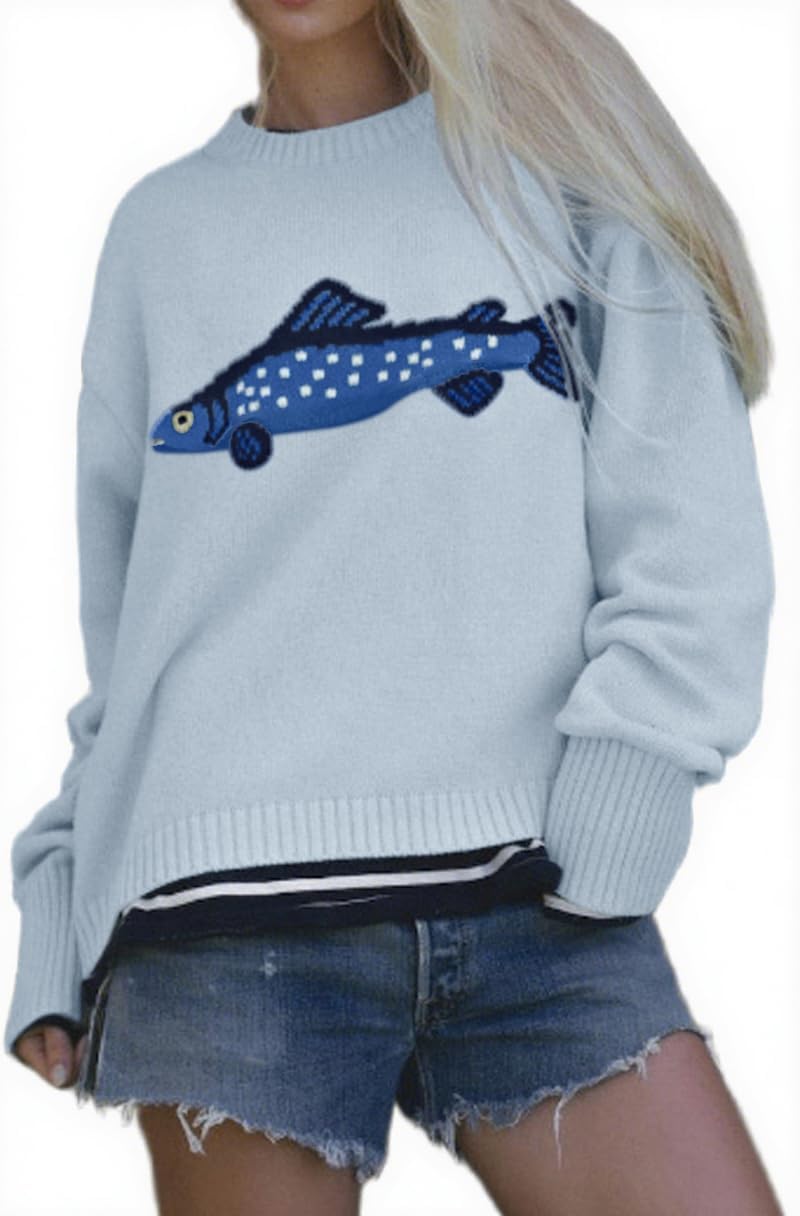 Chouyatou Women Fashion Crew Neck Rib Knit Crucian Carp Graphic Oversized Y2k Pullover Sweater Jumper