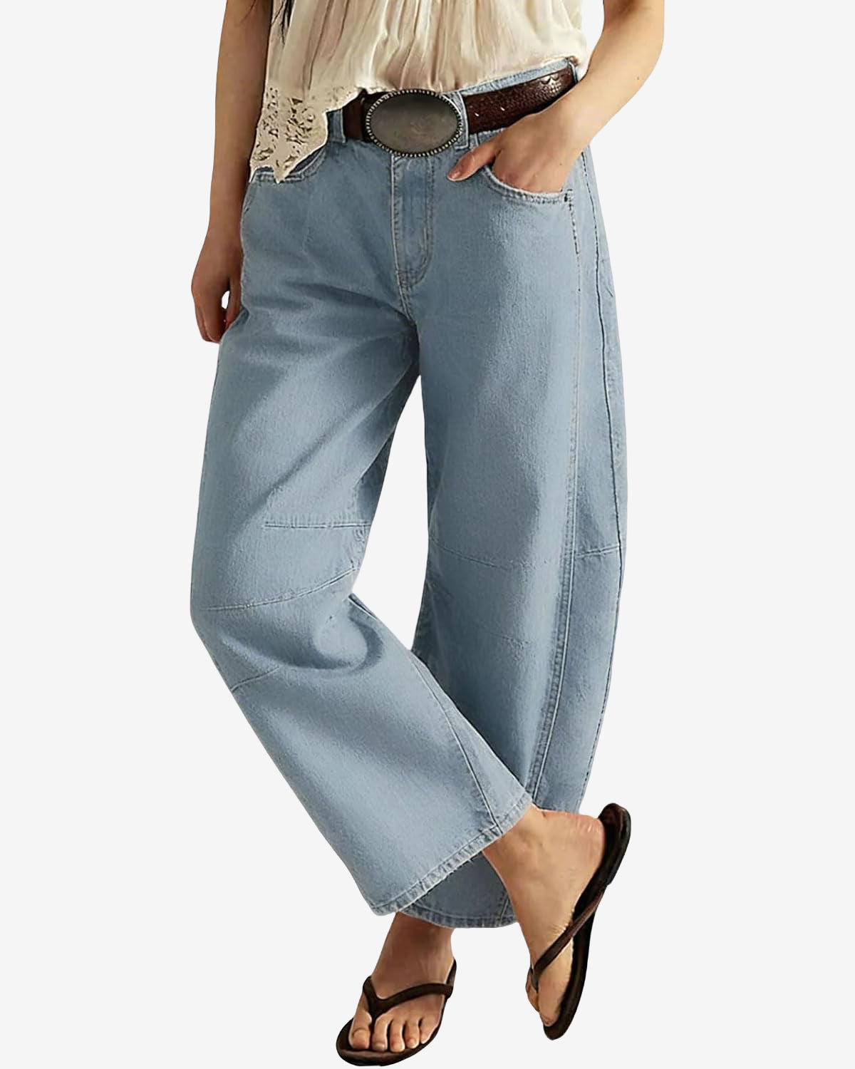 Chouyatou Women Casual Wide Leg Mid Rise Jeans Baggy Barrel Jeans Denim Pull On Pants Sweatpants Y2k Boyfriend Boho Ankle Pant