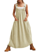 chouyatou Women's Cargo Overall Dress Sleeveless Adjustable Strap Safari Maxi Jumper Dress with Pockets