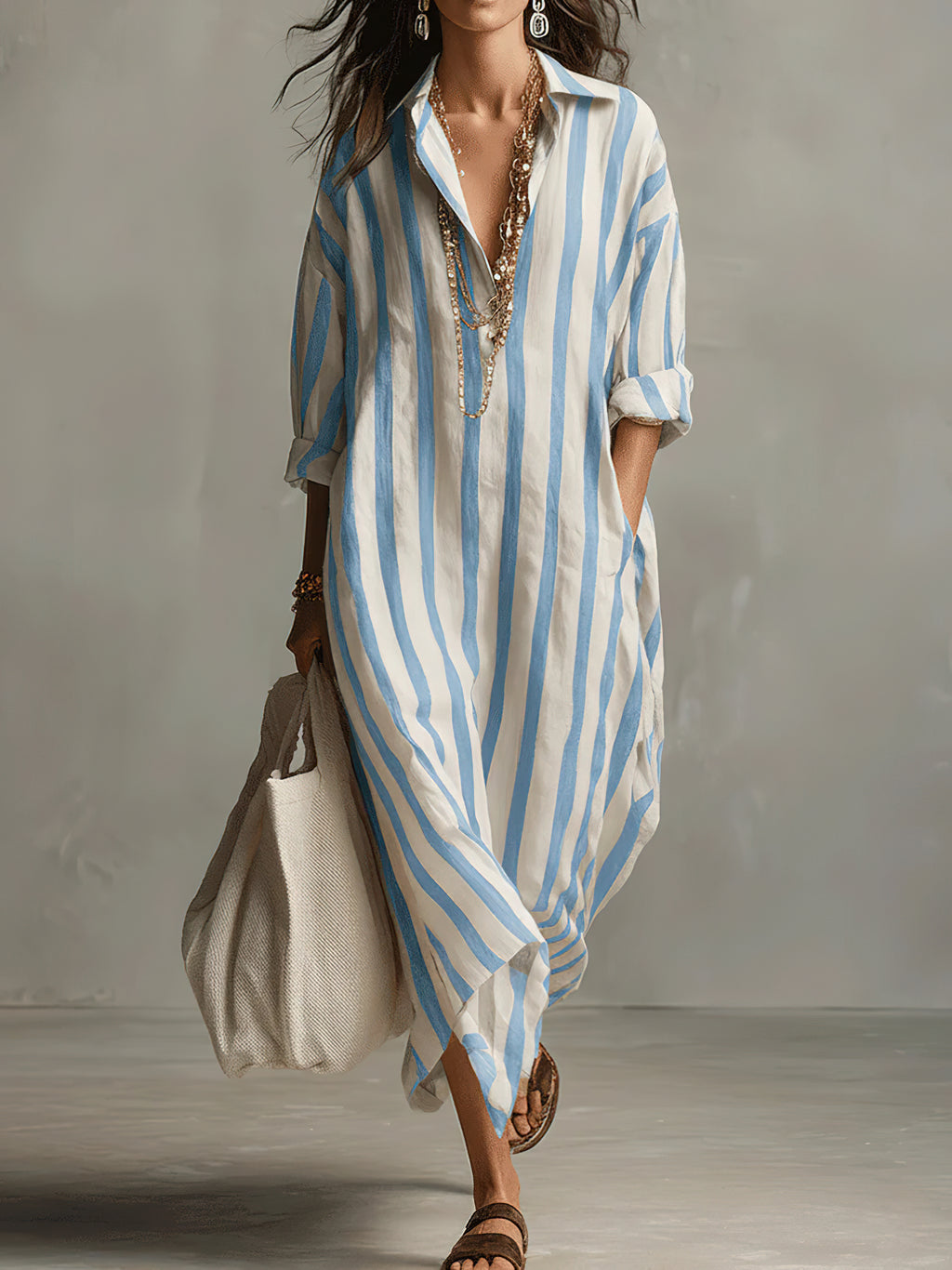 Chouyatou Womens Summer Boho Striped Cotton Dress Long Sleeve Lapel Collar Beach Shirt Dress with pockets