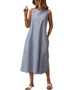 chouyatou Women's Casual Loose Vertical Striped Dress Crew Neck Sleeveless Midi Long Tank Dress with Pockets