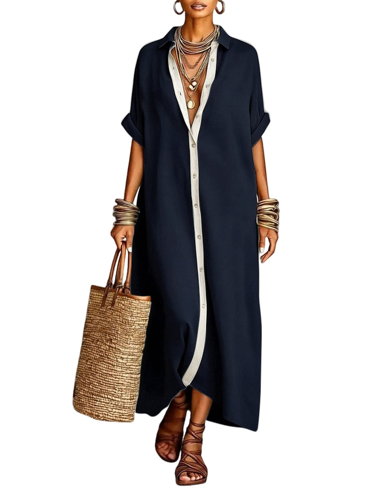 Chouyatou Women's Contrast Color Button Down Shirt Dress Short Sleeve Cotton Linen Casual Loose Beach Long Maxi Dress