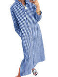 CHOUYATOU Women's Casual Loose Button Down Plaid Shirt Dress Long Sleeve Side Slit Cotton Gingham Maxi Dress