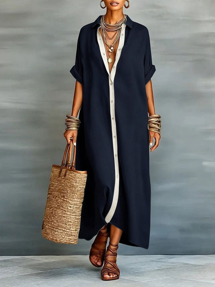 Chouyatou Women's Contrast Color Button Down Shirt Dress Short Sleeve Cotton Linen Casual Loose Beach Long Maxi Dress