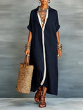 CHOUYATOU Women's Contrast Color Button Down Shirt Dress Short Sleeve Cotton Linen Casual Loose Beach Long Maxi Dress