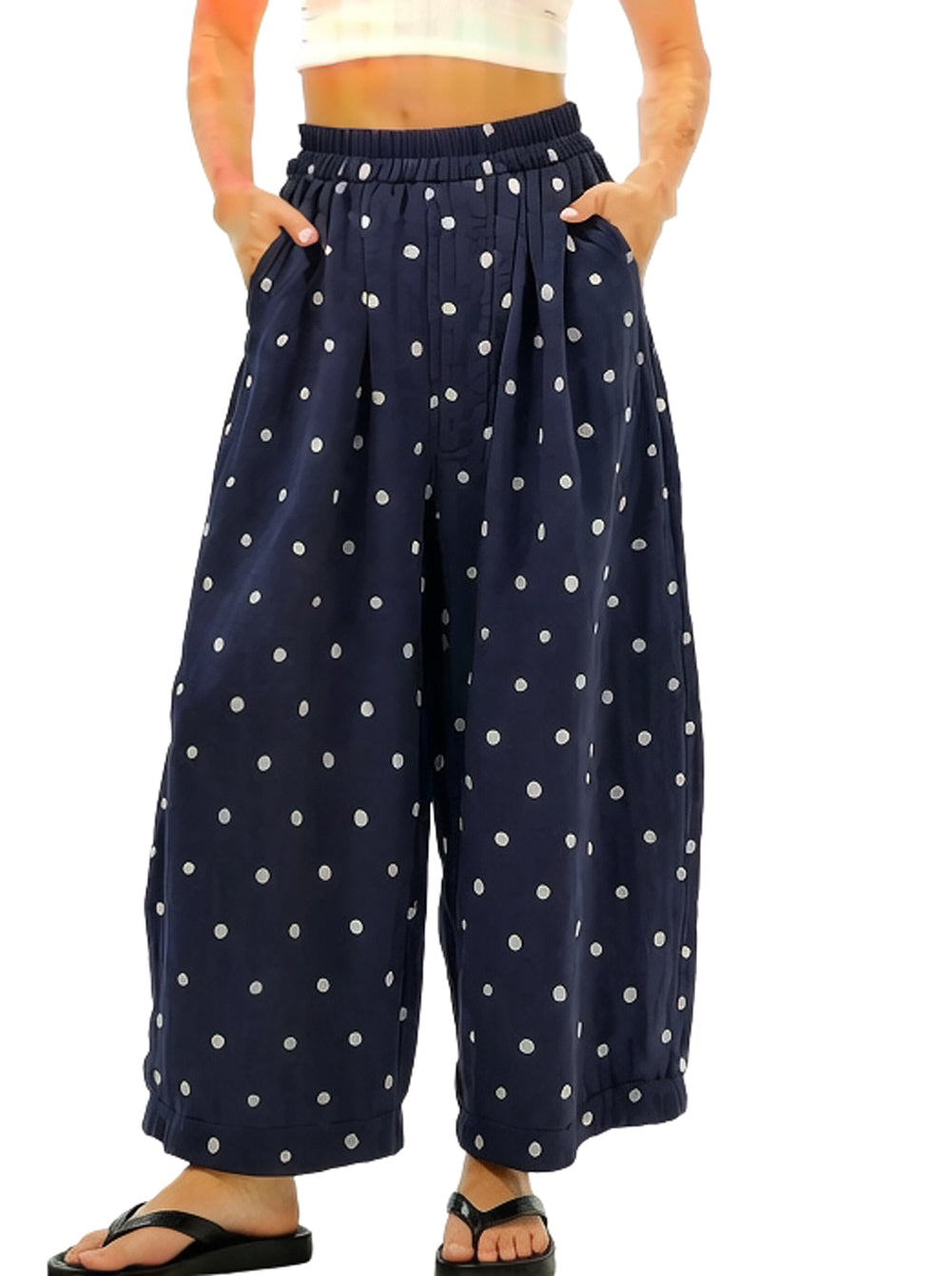 CHOUYATOU Women Summer Boho Cotton Linen Polka Dot Pants Beach Elastic Waist Palazzo Wide Leg Barrel Pants