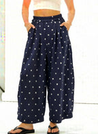 CHOUYATOU Women Summer Boho Cotton Linen Polka Dot Pants Beach Elastic Waist Palazzo Wide Leg Barrel Pants