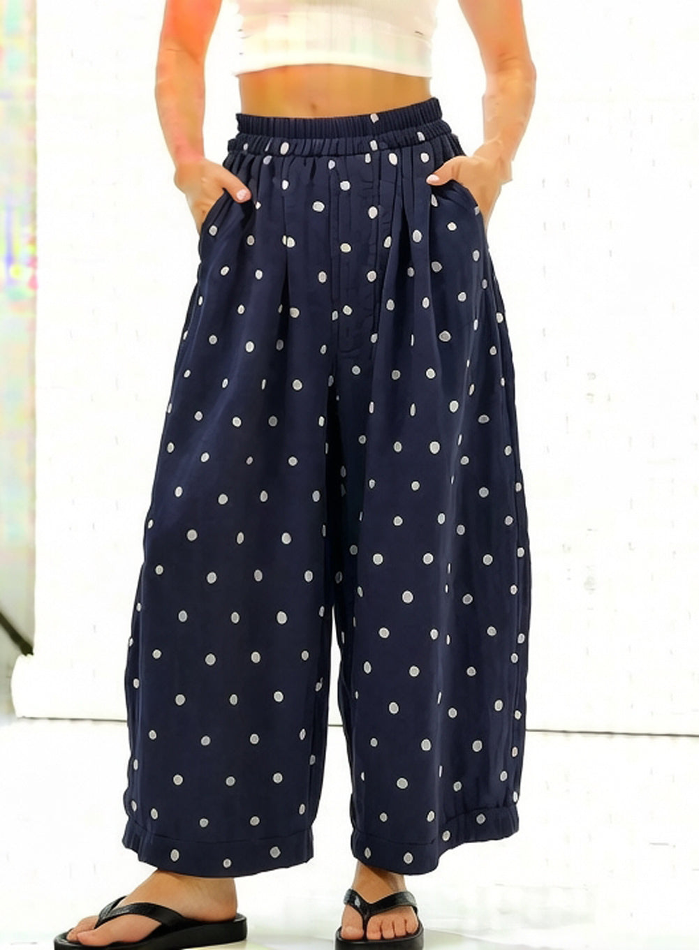 CHOUYATOU Women Summer Boho Cotton Linen Polka Dot Pants Beach Elastic Waist Palazzo Wide Leg Barrel Pants