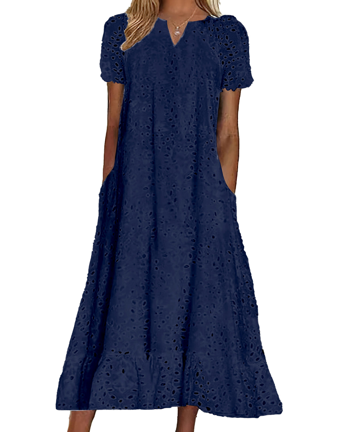 Chouyatou Women Summer Ruffle Hem Floral Lace Eyelet Dress Casual Notch Neck Midi Tunic Dress with Pocket