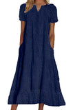 Chouyatou Women Summer Ruffle Hem Floral Lace Eyelet Dress Casual Notch Neck Midi Tunic Dress with Pocket