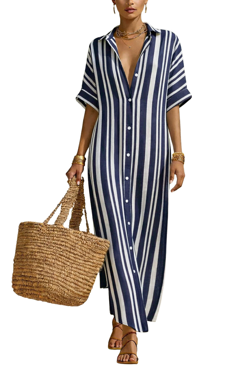 CHOUYATOU Women's Summer Boho Striped Cotton Linen Dress Short Sleeve Lapel Collar Beach Maxi Shirt Dress