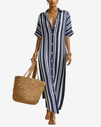 CHOUYATOU Women's Summer Boho Striped Cotton Linen Dress Short Sleeve Lapel Collar Beach Maxi Shirt Dress