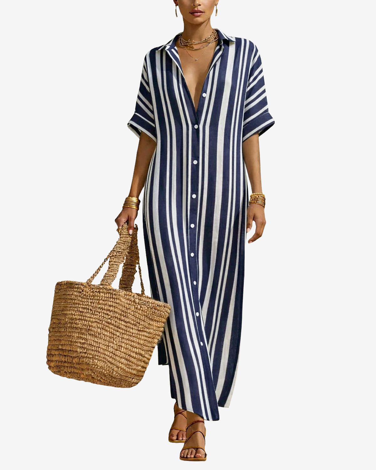 CHOUYATOU Women's Summer Boho Striped Cotton Linen Dress Short Sleeve Lapel Collar Beach Maxi Shirt Dress