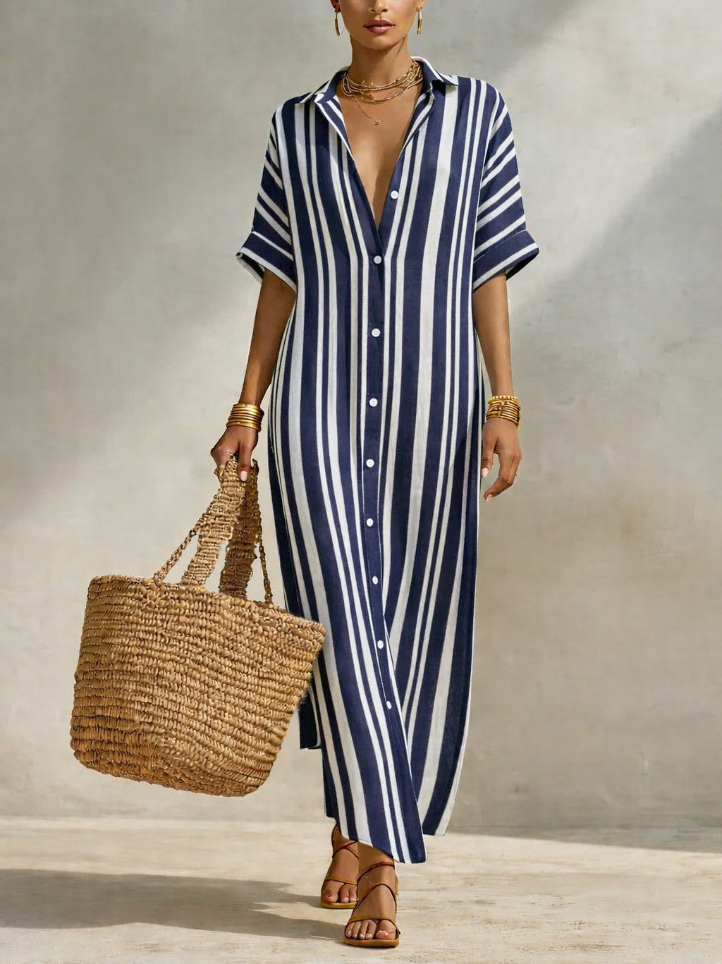CHOUYATOU Women's Summer Boho Striped Cotton Linen Dress Short Sleeve Lapel Collar Beach Maxi Shirt Dress