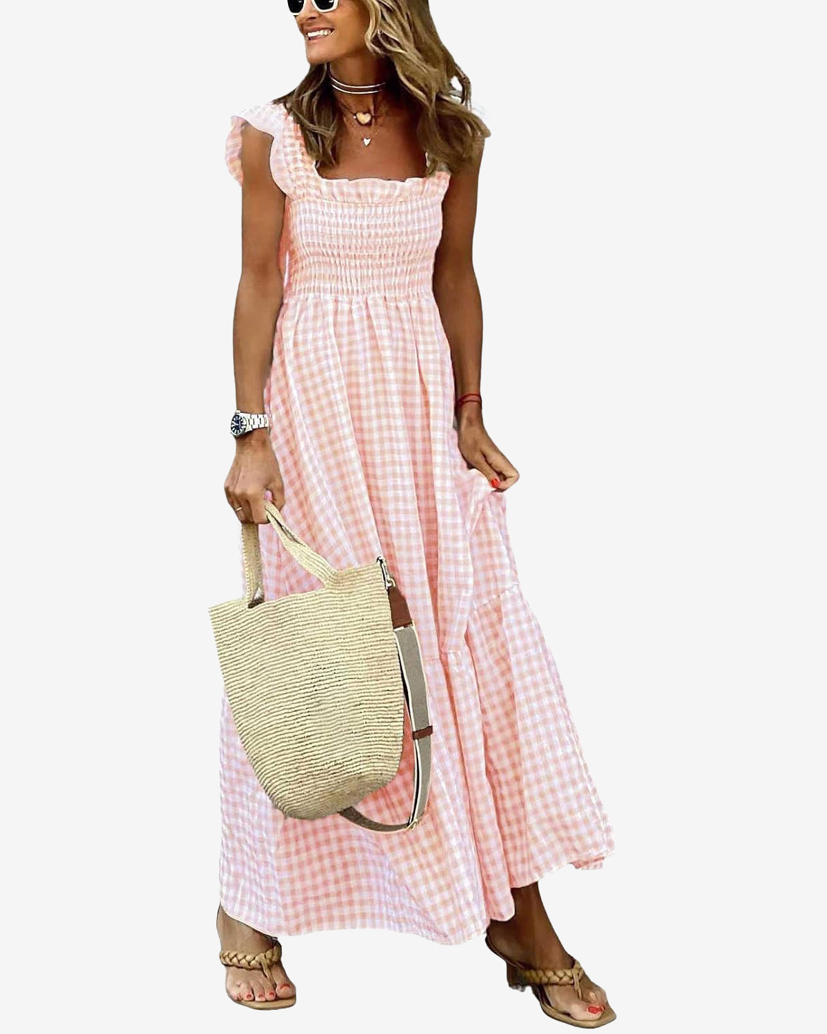 Chouyatou Women's Retro Plaid Smocked Dress Spaghetti Strap Flounce Long Dress
